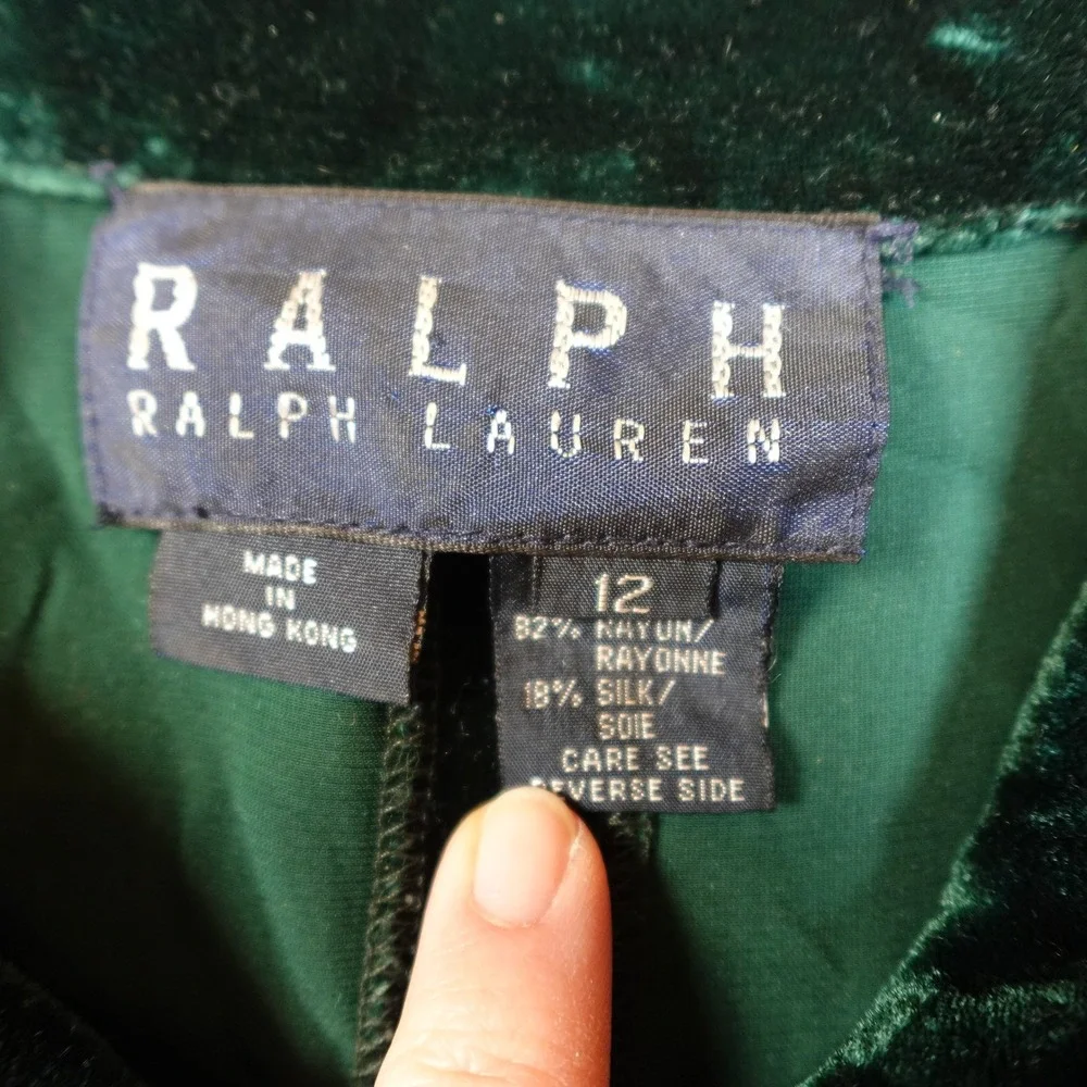 VTG Ralph Lauren Dress Girls 12 Velvet Dark Green Red Trim Long Sleeve‎ Holiday